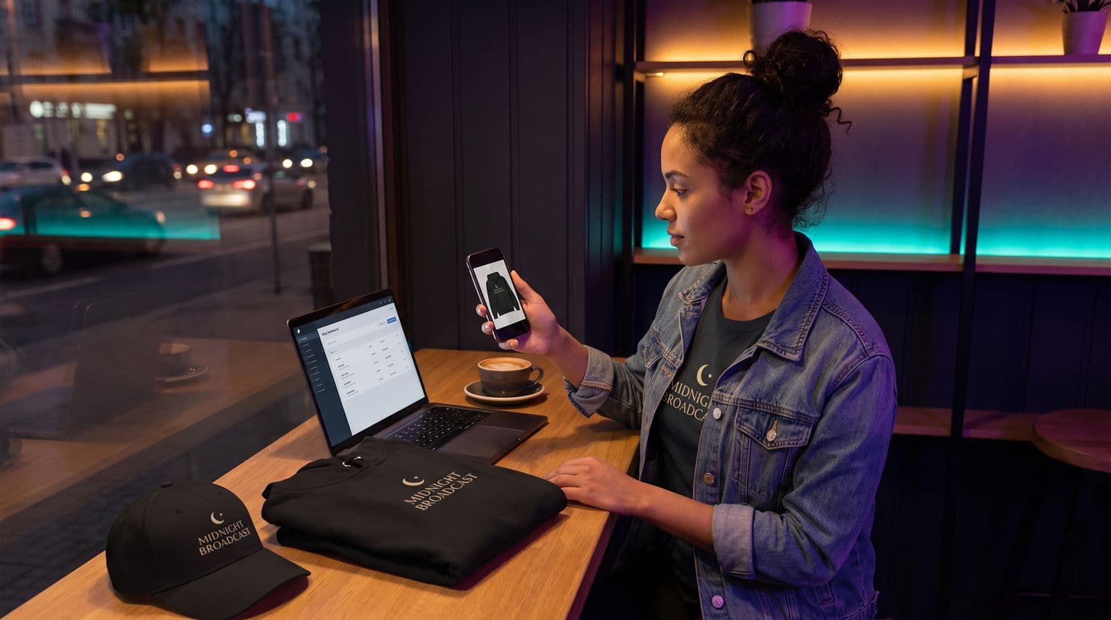 A creator sits at a cafe window table at night with her phone and laptop, showing off a hoodie and cap branded with the Midnight Broadcast logo.