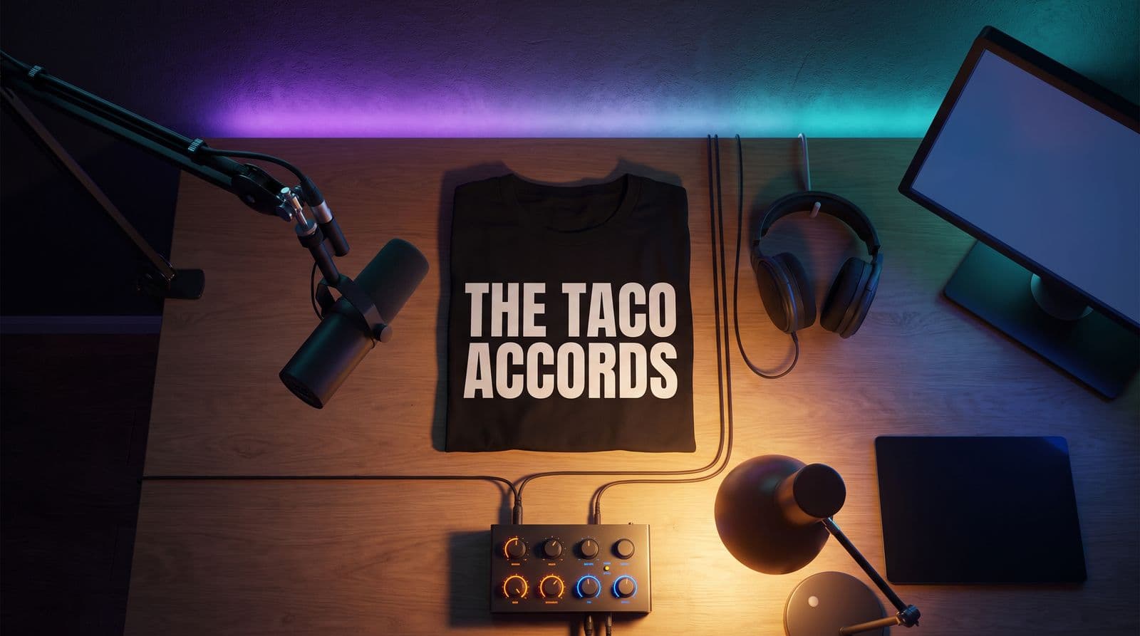 A black t-shirt printed with the words THE TACO ACCORDS in a heavy white block font lies flat on a podcasting desk surrounded by audio equipment in a dimly lit room.
