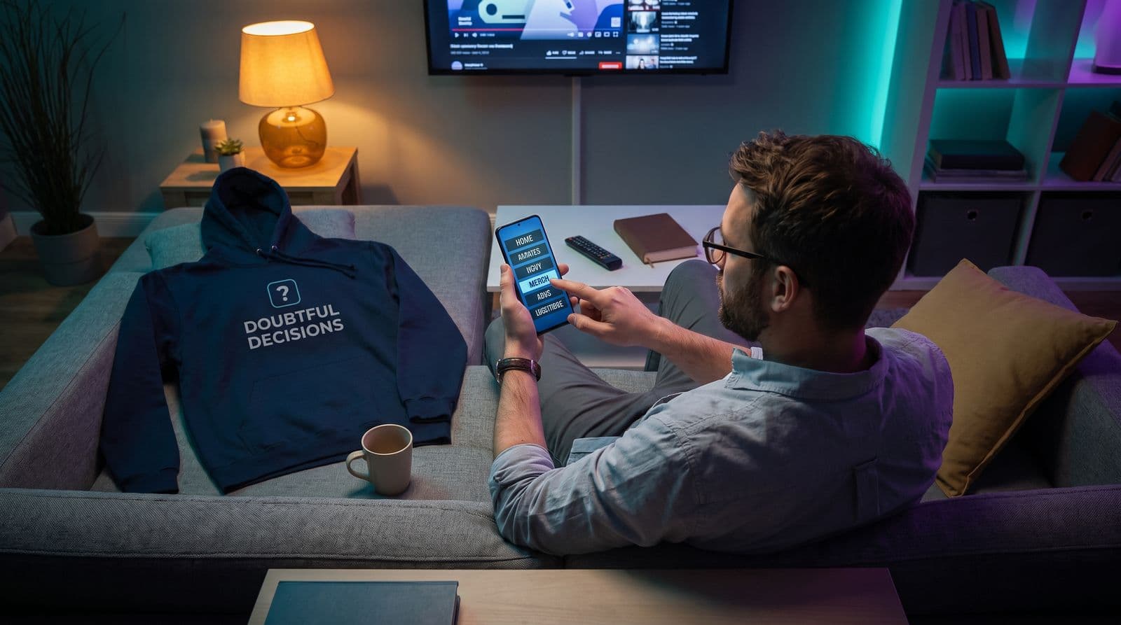 A man browsing a streamer's channel page on his phone, about to tap a panel labeled Merch, while sitting on a couch in a dimly lit living room.